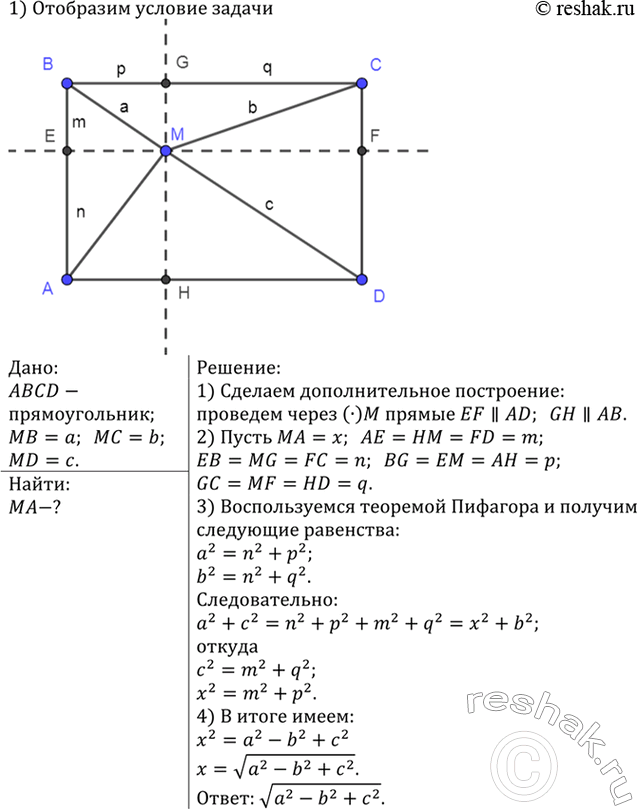 Изображение Внутри прямоугольника ABCD взята точка М. Известно, что MB = а, МС = b и MD = c. Найдите длину отрезка...