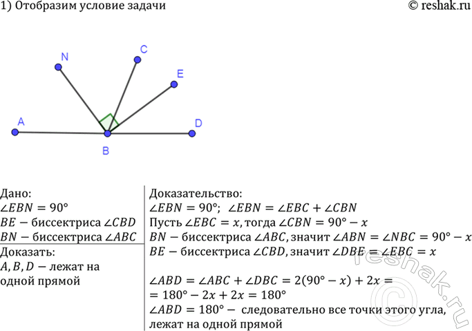 Изображение Докажите, что если биссектрисы углов ABC и CBD перпендикулярны, то точки А, В и D лежат на одной...