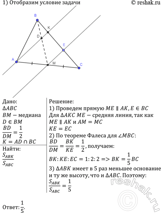 Изображение В треугольнике ABC прямая, проходящая через вершину А и делящая медиану ВМ в отношении 1 : 2,...