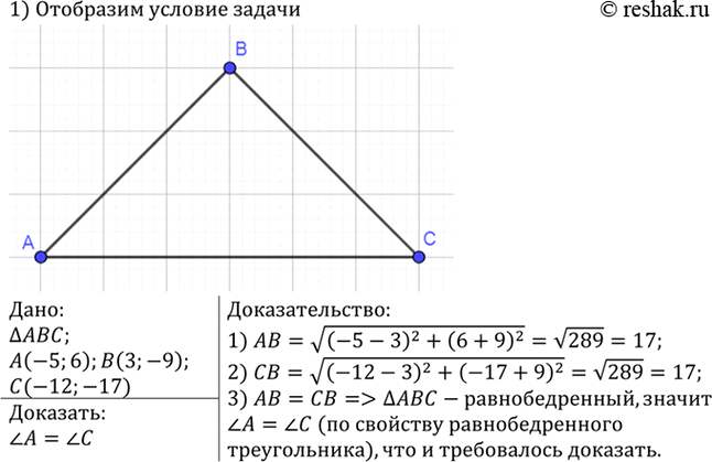 Изображение Докажите, что углы А и С треугольника ABC равны, если А (-5; 6), В (3; -9) и С (-12;...