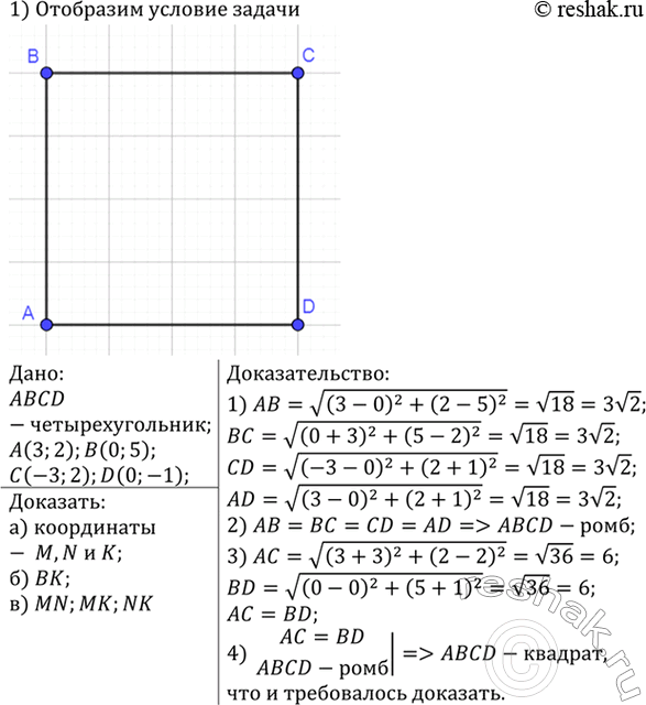 Изображение Докажите, что четырёхугольник ABCD, вершины которого имеют координаты А (3; 2), В (0; 5), С (-3; 2), D (0; -1), является...