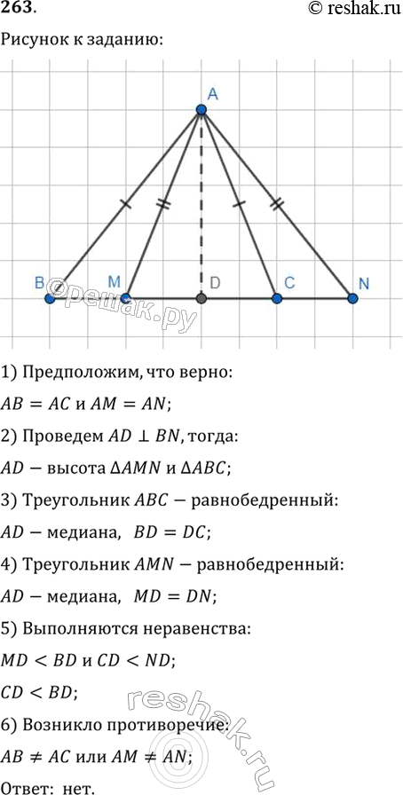 Изображение Коля утверждает, что ему удалось сделать рисунок, на котором АВ = АС и AM = AN (рис. 188). Прав ли...