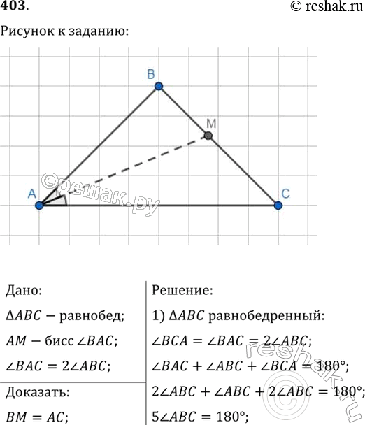 Изображение Угол при основании АС равнобедренного треугольника ABC в 2 раза больше угла при вершине, AM — биссектриса треугольника. Докажите, что ВМ =...