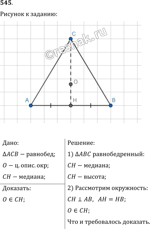 Изображение 545. Докажите, что центр описанной окружности равнобедренного треугольника принадлежит прямой, которая содержит медиану, проведённую к его...