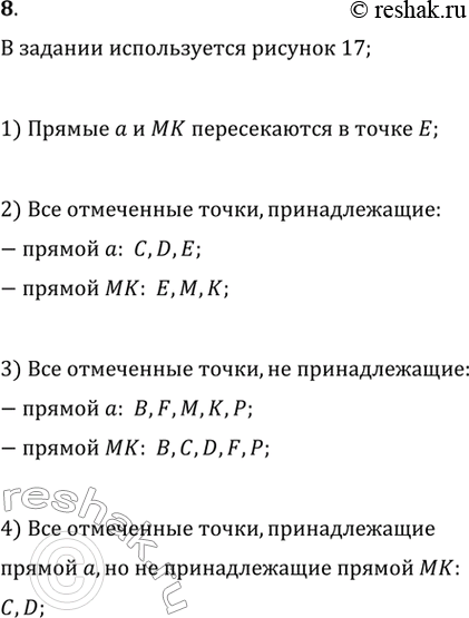 Изображение 8. Пользуясь рисунком 17:  1) определите, пересекаются ли прямые а и МК;  2) укажите все...