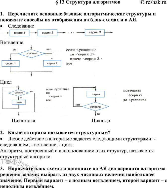 Изображение 1. Перечислите основные базовые алгоритмические структуры и покажите способы их...