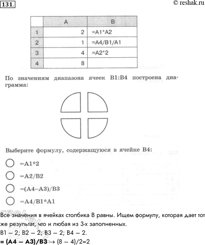 Изображение 131. Дан фрагмент электронной таблицы. По значениям диапазона ячеек В1:В4 построена диаграмма:...