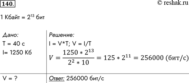 Изображение 140. Передача файла размером 1250 Кбайт через некоторое соединение заняла 40 с. Определите...