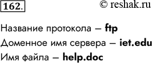 Изображение 162. Адрес некоторого документа в сети Интернет: ftp:// ict.edu/help.doc Запишите фрагменты адреса,...
