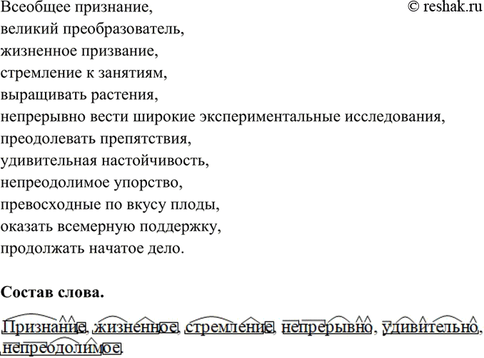 Изображение 178. Спишите. Обозначьте состав выделенных слов.  Всеобщее признание, великий...