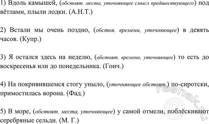 Изображение 430. Прочитайте, найдите уточняющие обстоятельства. Объясните пунктуацию.  1) Вдоль камышей,...