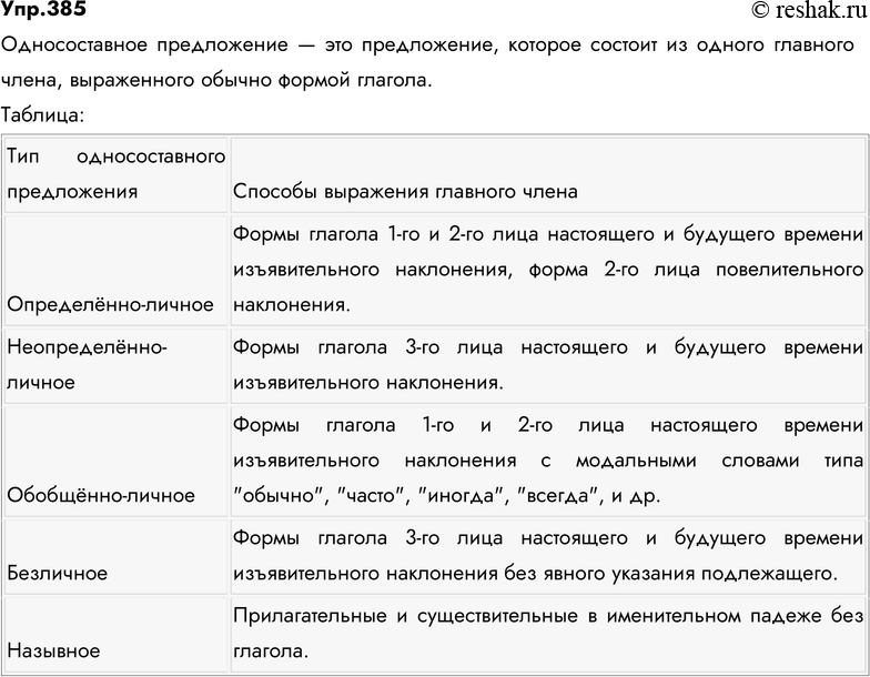 Изображение 385. Дайте определение односоставного предложения. Заполните таблицу.  Тип односоставного...
