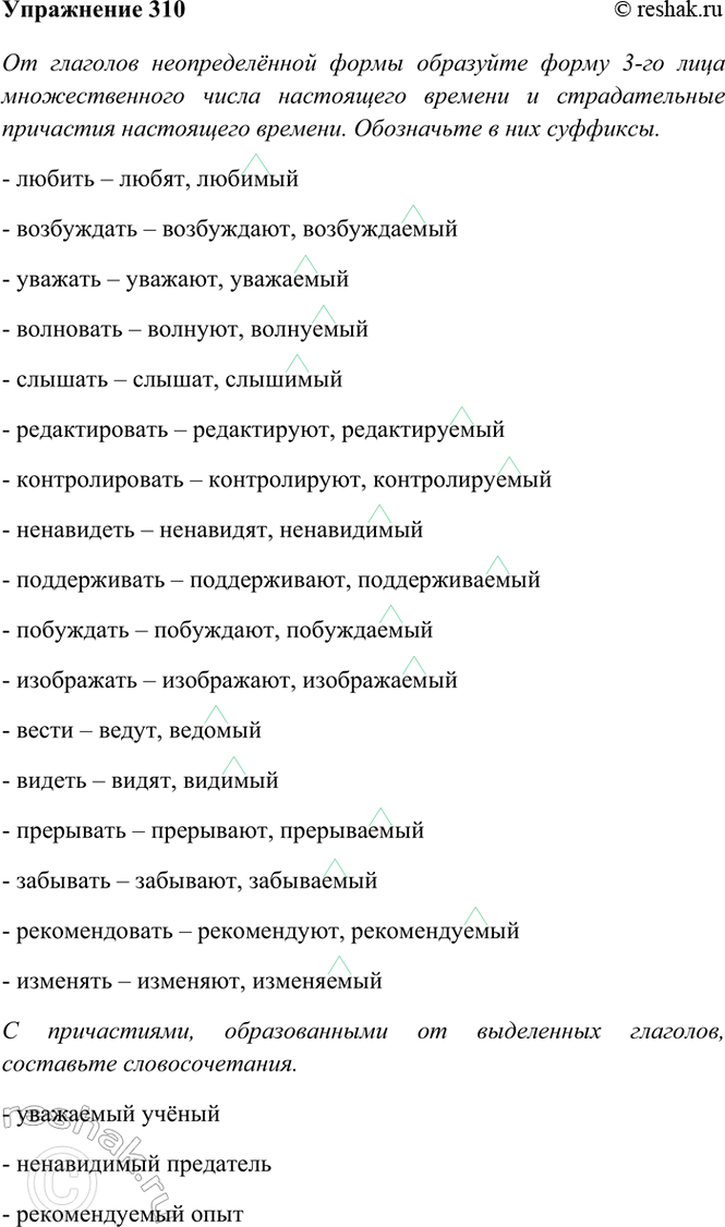 Изображение 310. От глаголов неопределённой формы образуйте форму 3-го лица множественного числа...