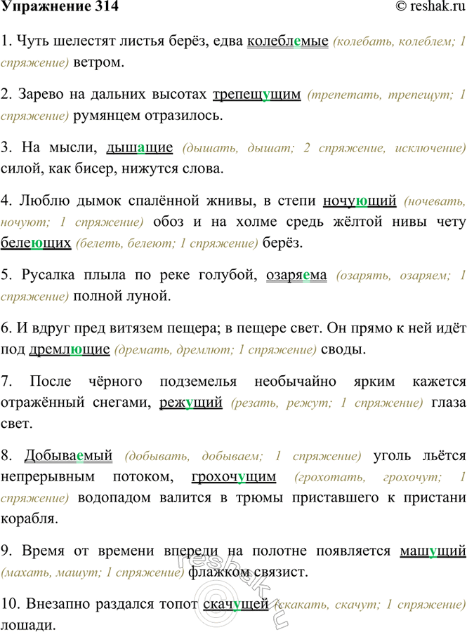 Изображение 314. Спишите. Страдательные причастия подчеркните одной чертой, действительные — двумя....