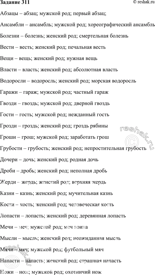 Изображение 311. Рядом с данными формами имён существительных запишите их начальную форму. Укажите их род....