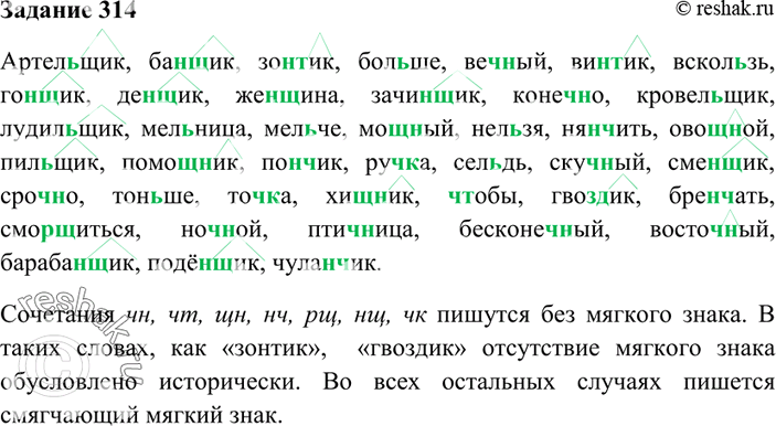 Изображение 314. Перепишите слова, вставляя, где необходимо, пропущенную букву. Выделите суффиксы...