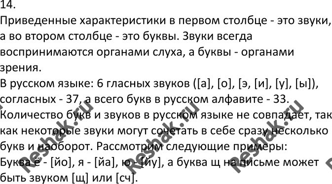 Изображение 14. 1. В каком столбике даётся характеристика звуков, а в каком — букв? Докажите.  ?	  1....