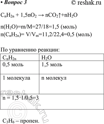 Изображение 3. При сгорании 11,2 л алкена (н. у.) образовалось 27,0 г воды. Назовите этот алкен.    CnH2n + 1,5nO2 > nCO2^+nH2O...