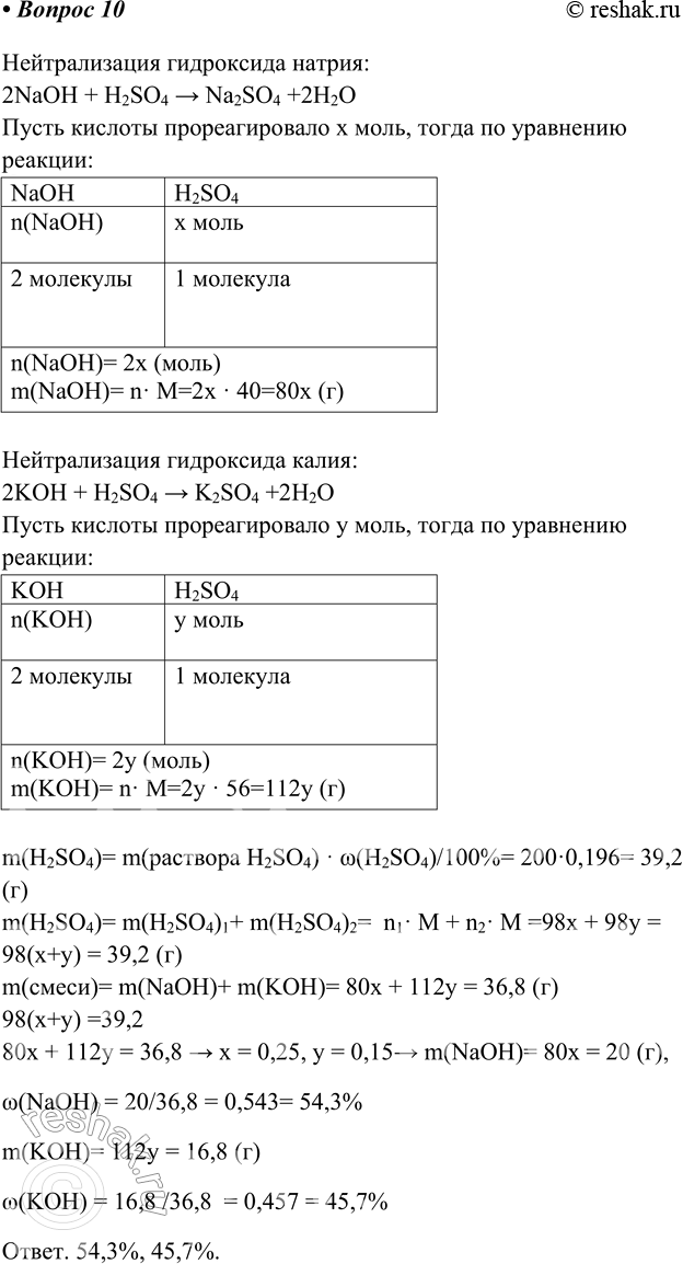 Изображение 10. Смесь гидроксидов натрия и калия общей массой 36,8 г полностью нейтрализует 200 г 19,6%-й серной...