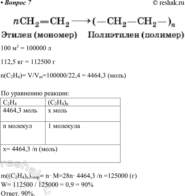 Изображение 7. Из 100 м3 этилена (н. у.) получили 112,5 кг полиэтилена. Определите выход продукта полимеризации....