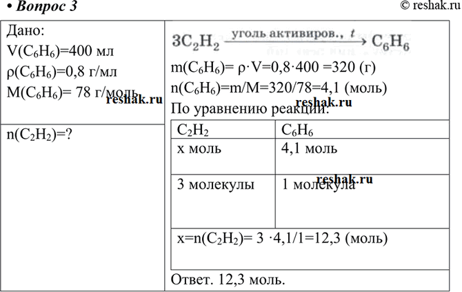 Изображение 3 Рассчитайте количество вещества ацетилена, который потребуется для получения 400 мл бензола (плотность 0,8...