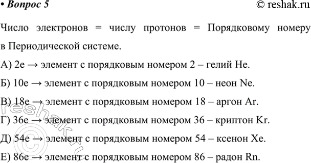 Изображение 5. Назовите элементы, атомы которых содержат: а) 2e; б) 10e; в) 18e; г) 36e; д) 54e; е) 86e.    Число электронов...