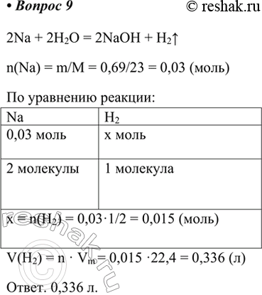 Изображение 9. Какой объём водорода (н. у.) можно выделить из воды при помощи 0,69 г натрия?    2Na + 2H2O = 2NaOH + H2^ ...