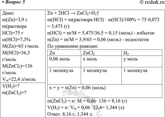Изображение 5. Кусочек цинка массой 3,9 г растворили в 75 г 7,3%-й соляной кислоты. Найдите массу...