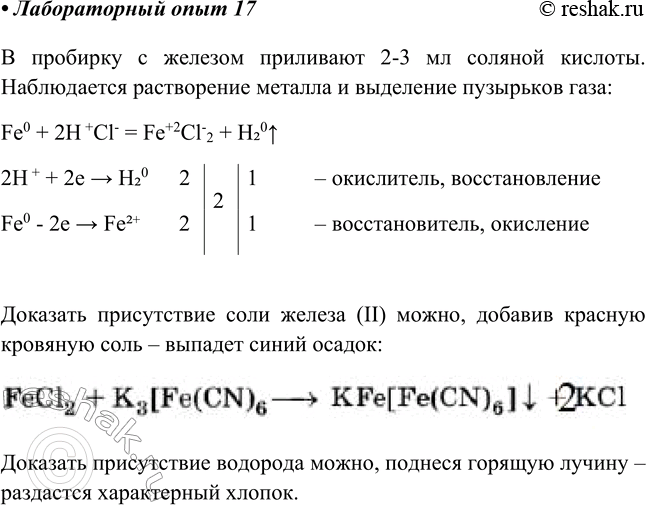 Изображение Лабораторный опыт № 17  Взаимодействие железа с соляной кислотой  B пробирку налейте 2—3 мл...