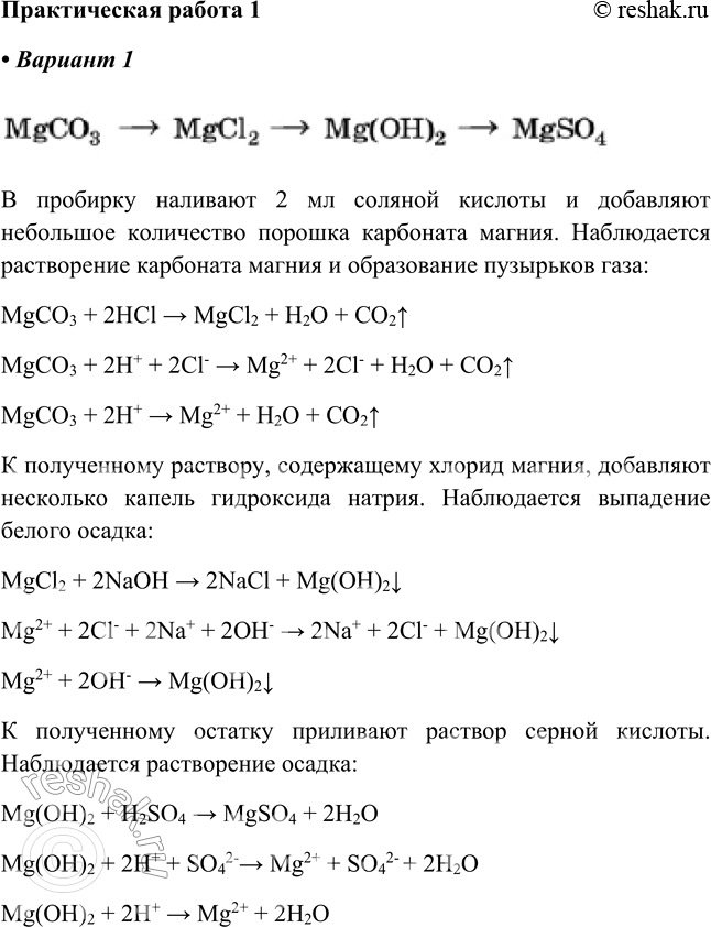 Изображение Практическая работа №1  Вариант 1.  1. Добавим в твердый порошкообразный MgCO3 соляную кислоту: ...