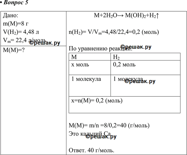 Изображение 5. 8 г металла со степенью окисления +2 прореагироваю с водой и выделилось 4,48 л водорода (н. у.). Определите относительную атомную массу металла и назовите...