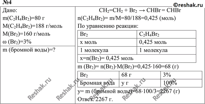 Изображение 4. Вычислите массу 3%-ной бромной волы, необходимой для получения 80 г дибромэтана.    CH2=CH2 + Br2  >...