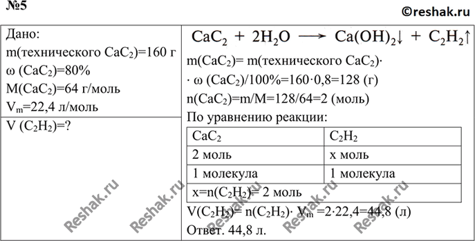 Изображение 5. Вычислите объём ацетилена (н. у.), полученного по реакции   СаС2 + 2Н2O —> Са(ОН)2 + С2Н2,  если в...